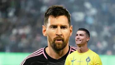 Lionel Messi wears the away Inter Miami kit and Cristiano Ronaldo smiles with an Al Nassr home shirt.