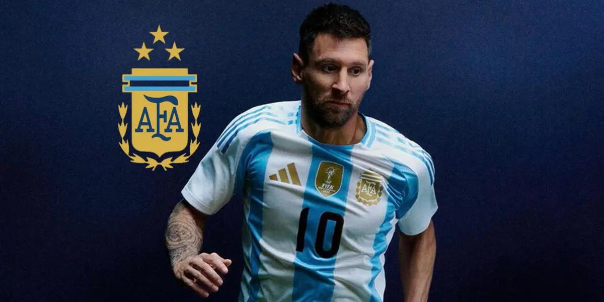 Lionel Messi wears the new Argentina Copa America jersey and the Argentina national team logo is next to him.