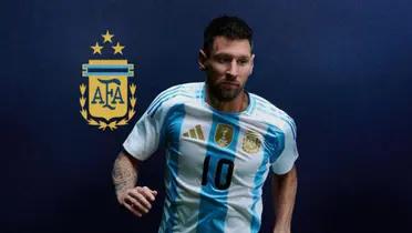Lionel Messi wears the new Argentina Copa America jersey and the Argentina national team logo is next to him.