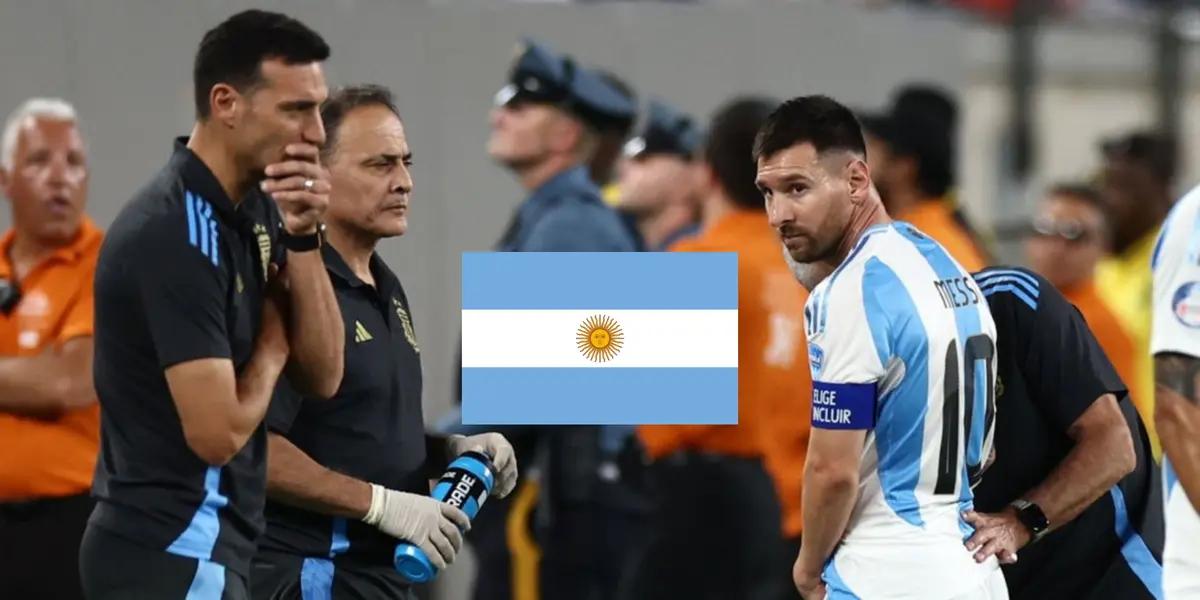 Lionel Scaloni looks concerned as Lionel Messi looks worried and the Argentina flag is in between them. (Source: All About Argentina X)