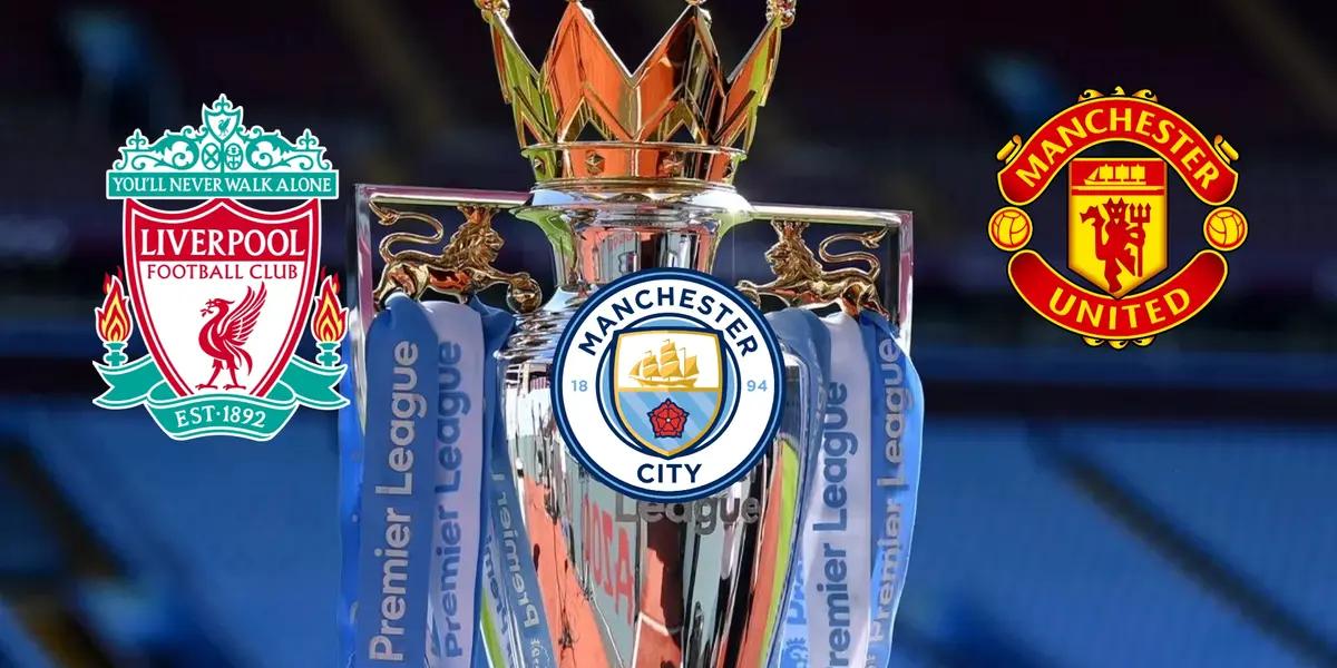 Liverpool, Manchester City, and Manchester United's logos are around the Premier League trophy with blue ribbons to represent Man City.