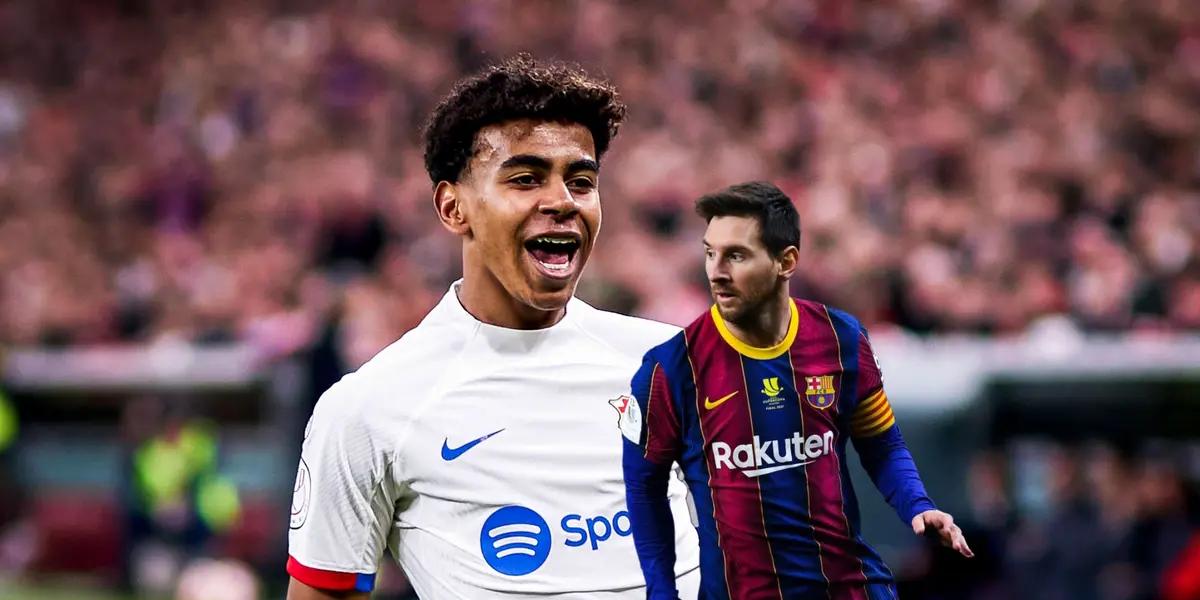 Lmaine Yamal celebrates his goal for FC Barcelona while Lionel Messi looks to his side as he wear the FC Barcelona jersey. (Source: BR Football X, CNN)