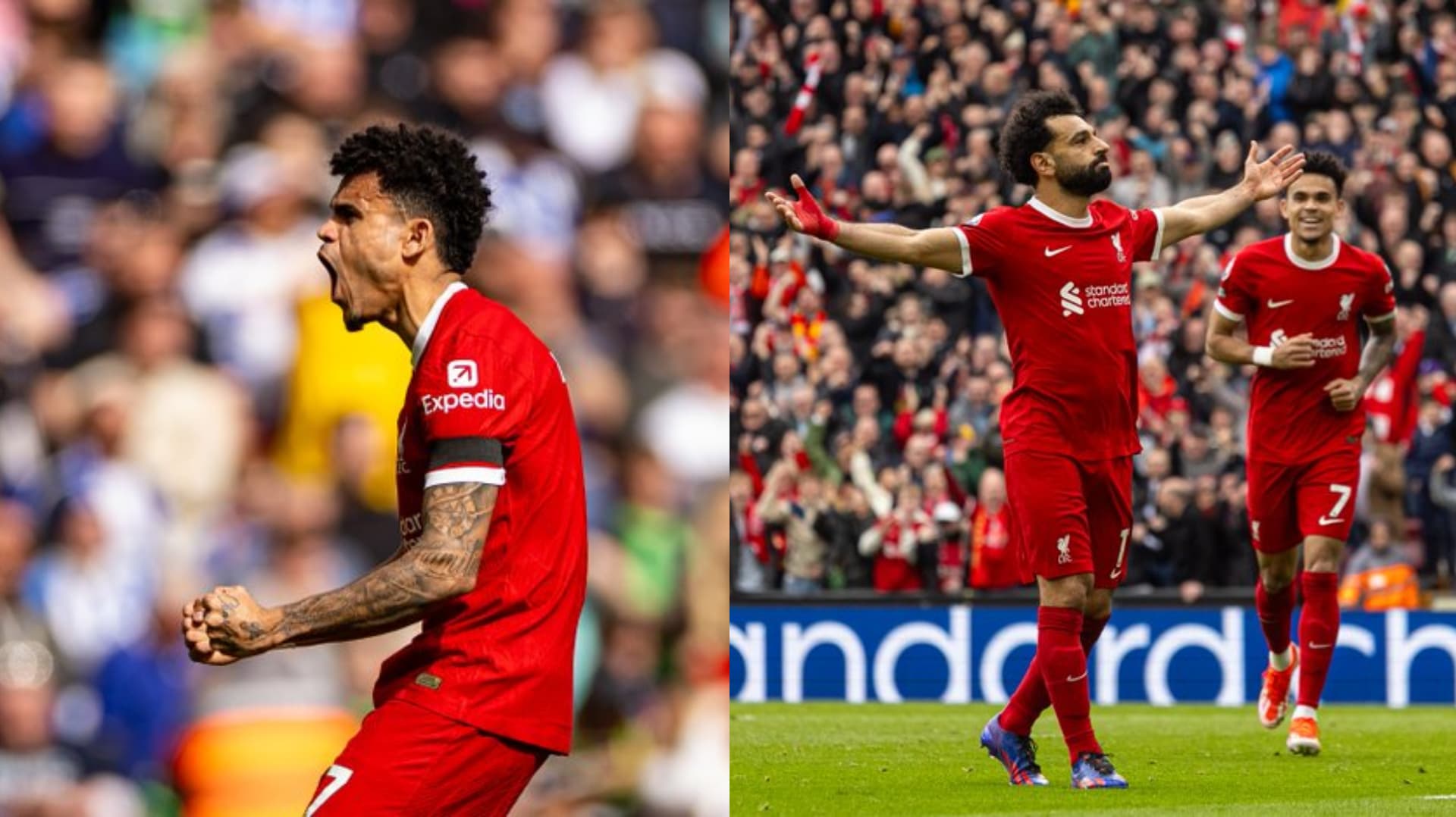 Luis Diaz and Mohamed Salah celebrate their goals that give Liverpool the win at Anfield.