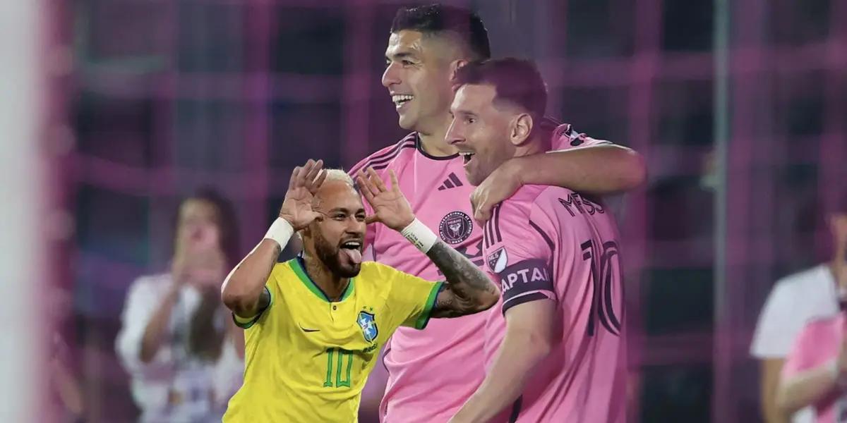 Luis Suarez and Lionel Messi celebrate an Inter Miami goal while Neymar celebrates his Brazil goal.