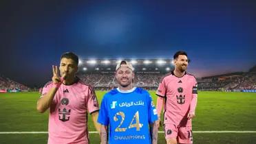 Luis Suarez does his trademark celebration while Neymar shows his champions Al Hilal shirt; Messi smiles with an Inter Miami shirt.