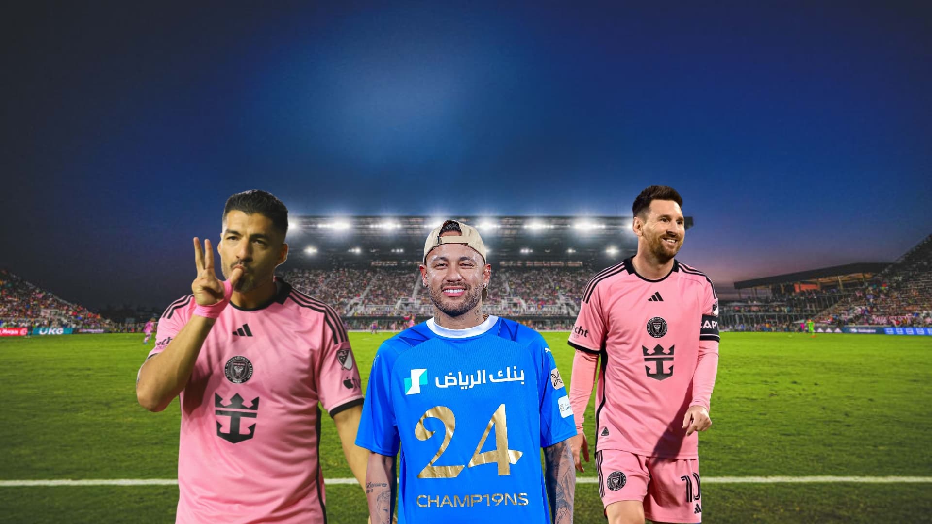 Luis Suarez does his trademark celebration while Neymar shows his champions Al Hilal shirt; Messi smiles with an Inter Miami shirt.