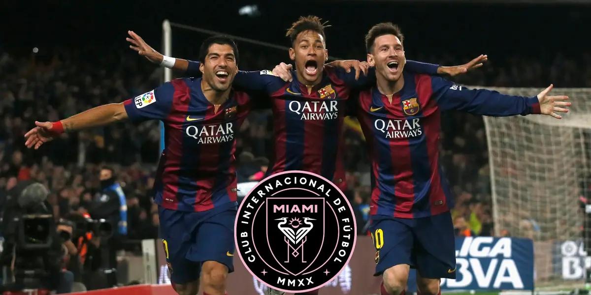 Luis Suarez, Neymar, and Lionel Messi celebrate an FC Barcelona goal.