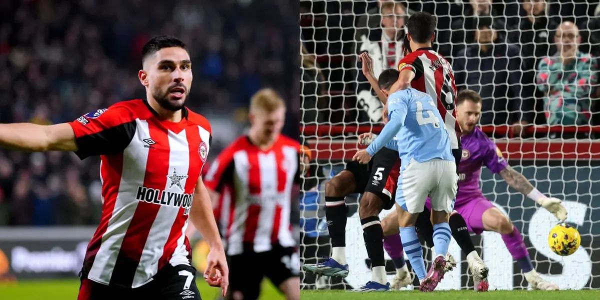 Manchester City and Brentford are drawing 1-1 at halftime.