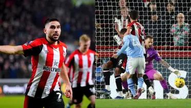 Manchester City and Brentford are drawing 1-1 at halftime.