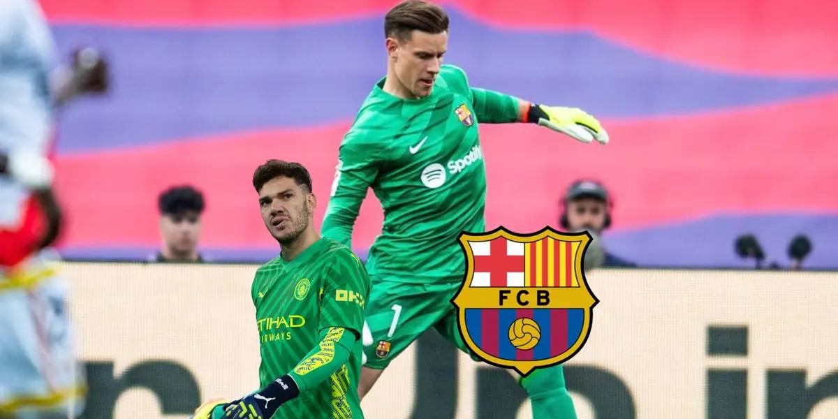 Marc-Andre Ter Stegen kicks the ball wearing the FC Barcelona goalkeeper jersey while Ederson looks up wearing the Man City goalkeeper jersey; the FC Barcelona badge is next to him.