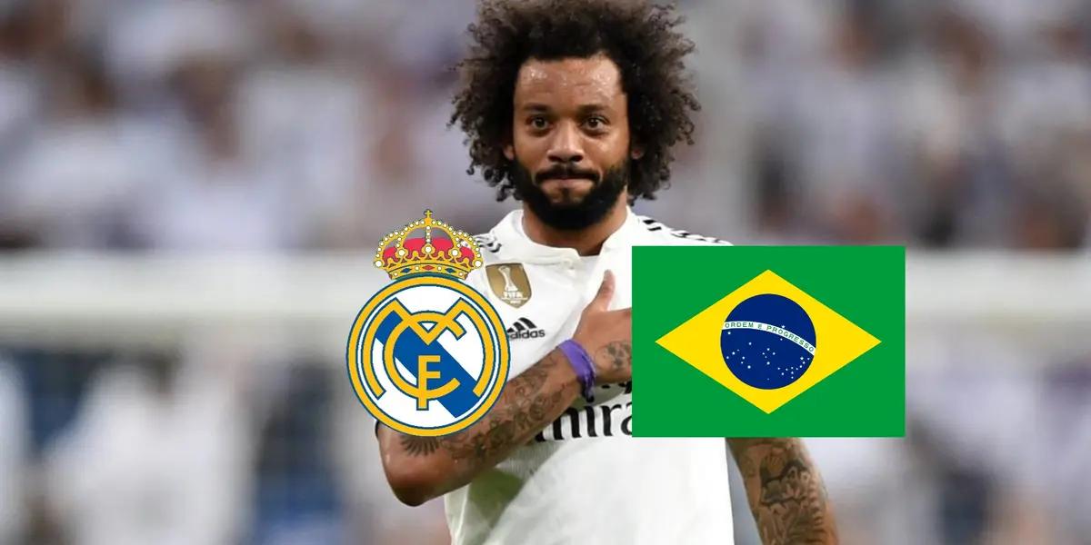 Marcelo taps on the Real Madrid crest on his jersey; the Real Madrid badge and the Brazil flag is below him.
