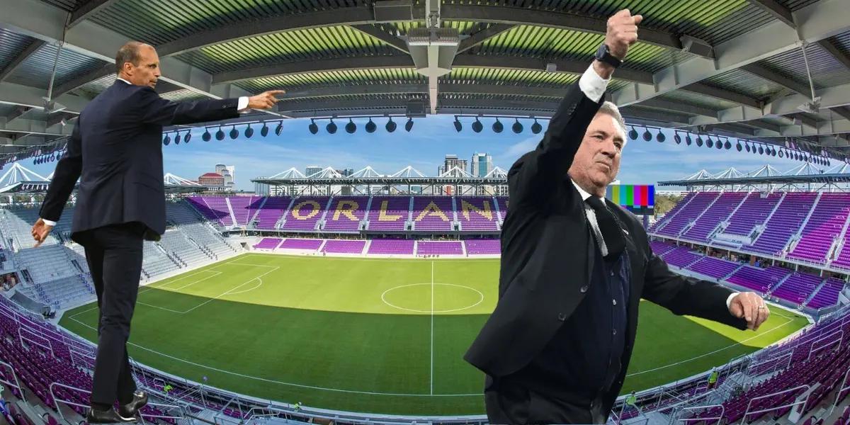 Massimiliano Allegri and Carlo Ancelotti are wearing suits and the background is the Orlando City stadium.
