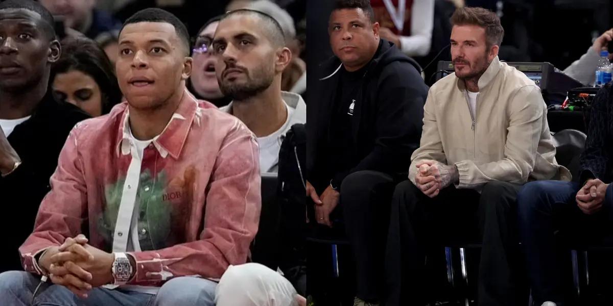 Mbappe was seen with his brother Ethan and Mukiele at the NBA game; Beckham and Ronaldo were together as well.