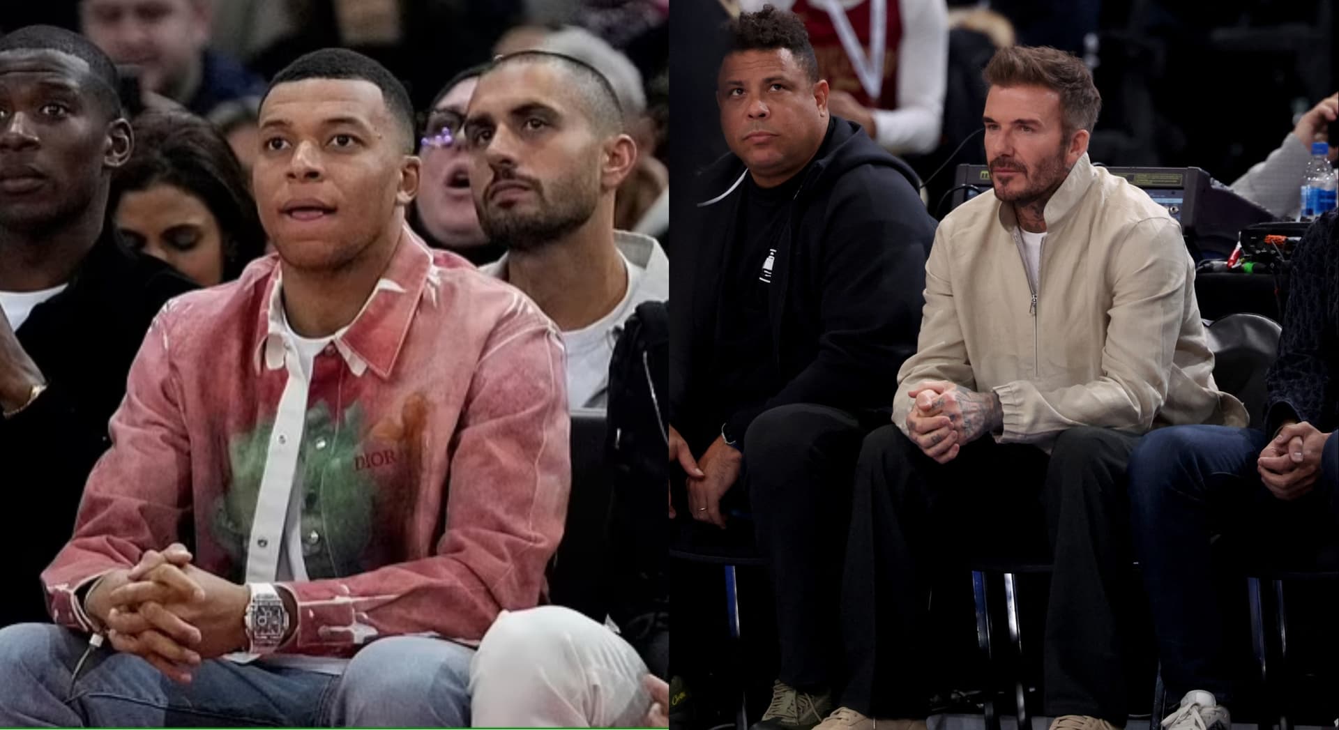 Mbappe was seen with his brother Ethan and Mukiele at the NBA game; Beckham and Ronaldo were together as well.