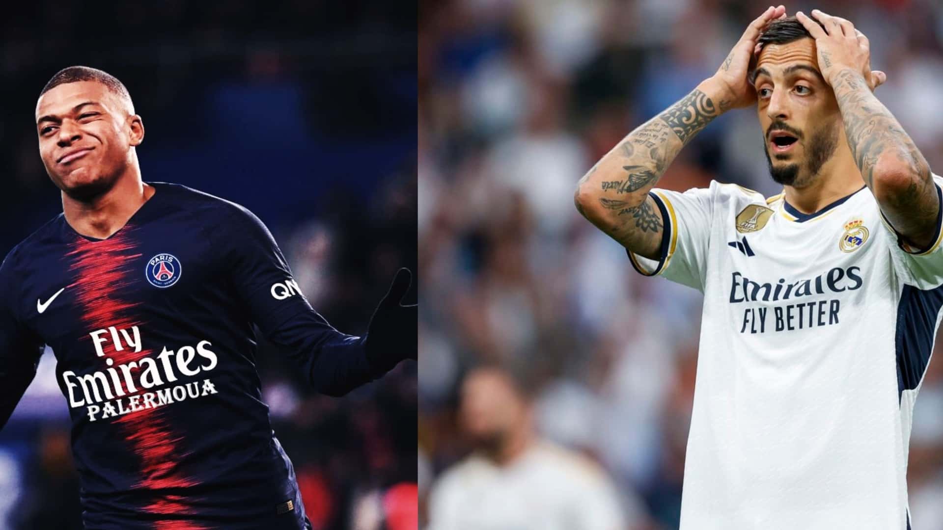 Mbappe wearing the PSG jersey and Joselu with the Real Madrid jersey.