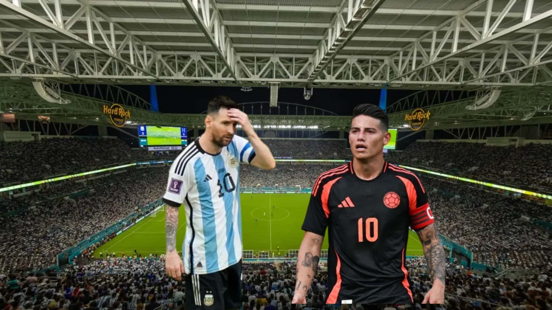 Messi with Argentina jersey, James Rodriguez with the Colombia jersey and the Hard Rock Stadium (Source: ESPN, Primicias)