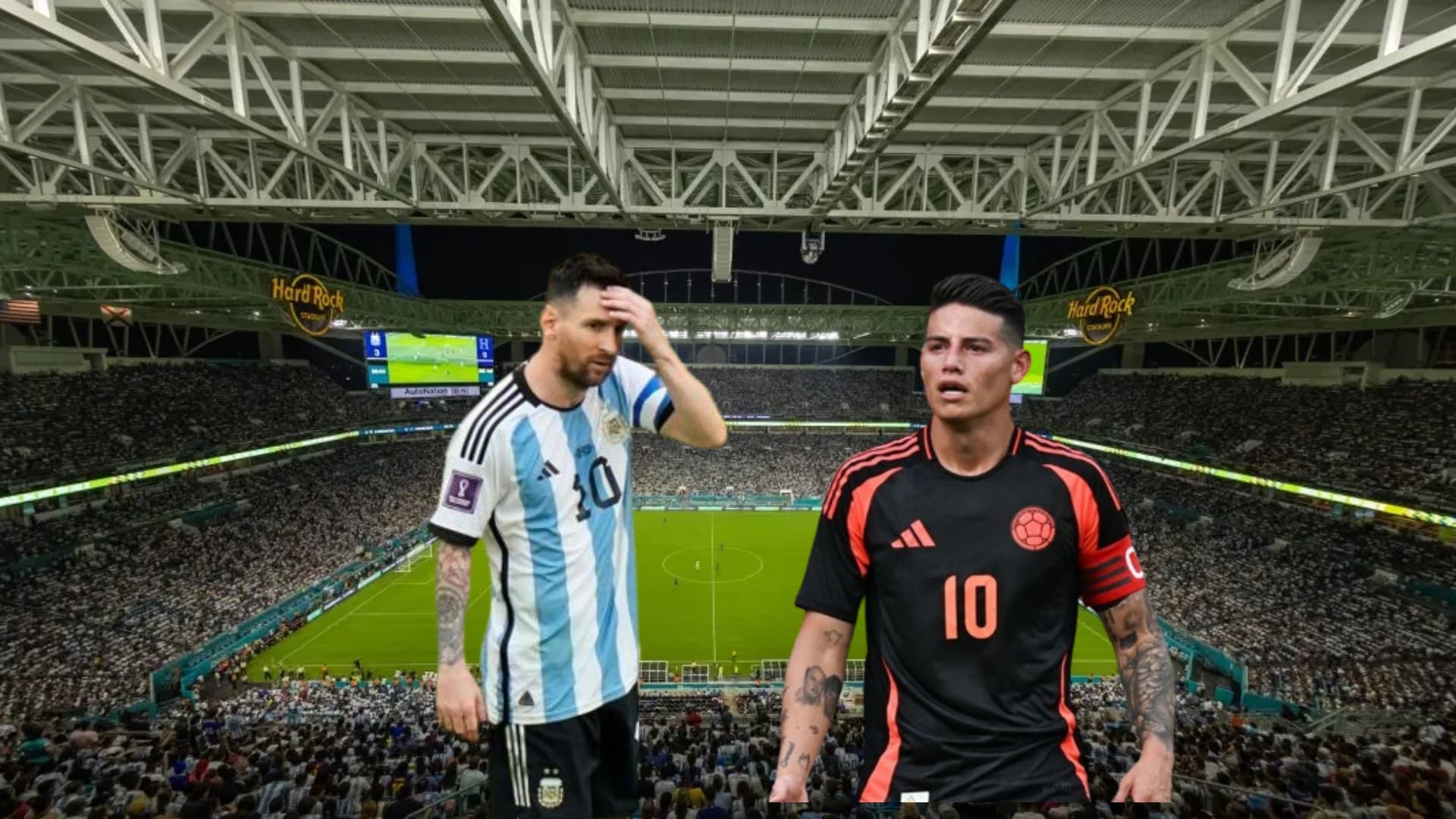 Messi with Argentina jersey, James Rodriguez with the Colombia jersey and the Hard Rock Stadium (Source: ESPN, Primicias)