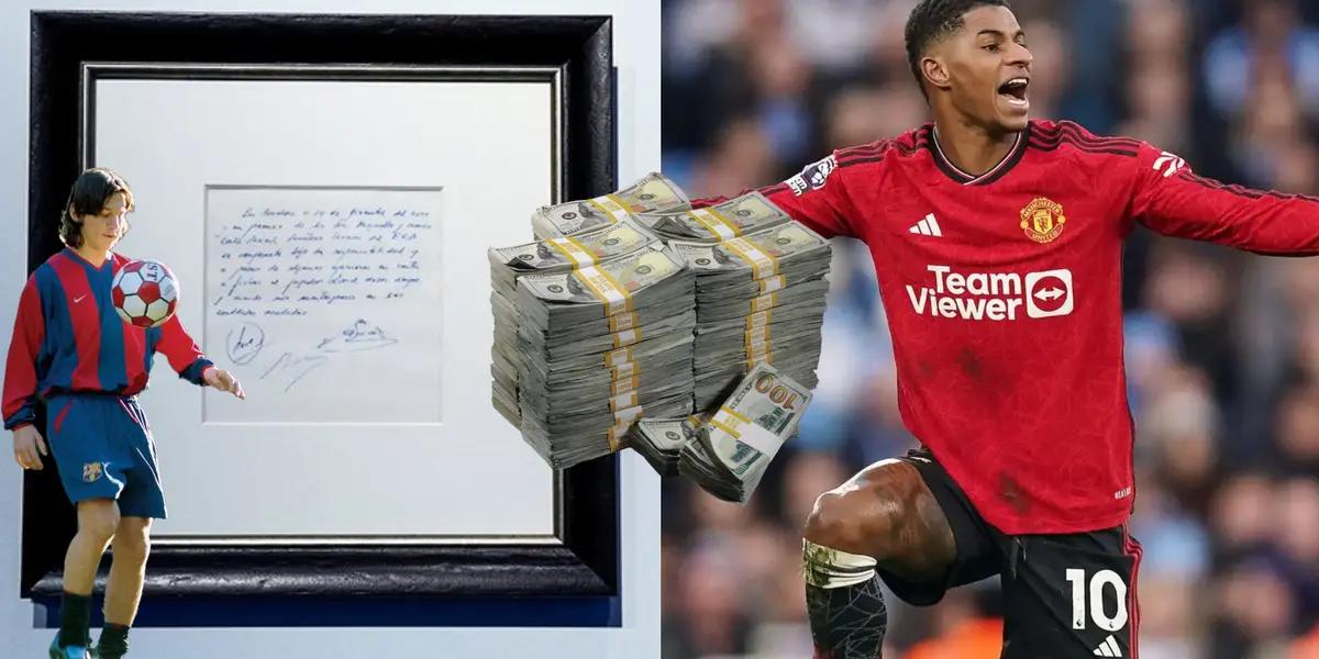 Messi's contract on a napkin has a starting price that is the same as Rashford's weekly wage.