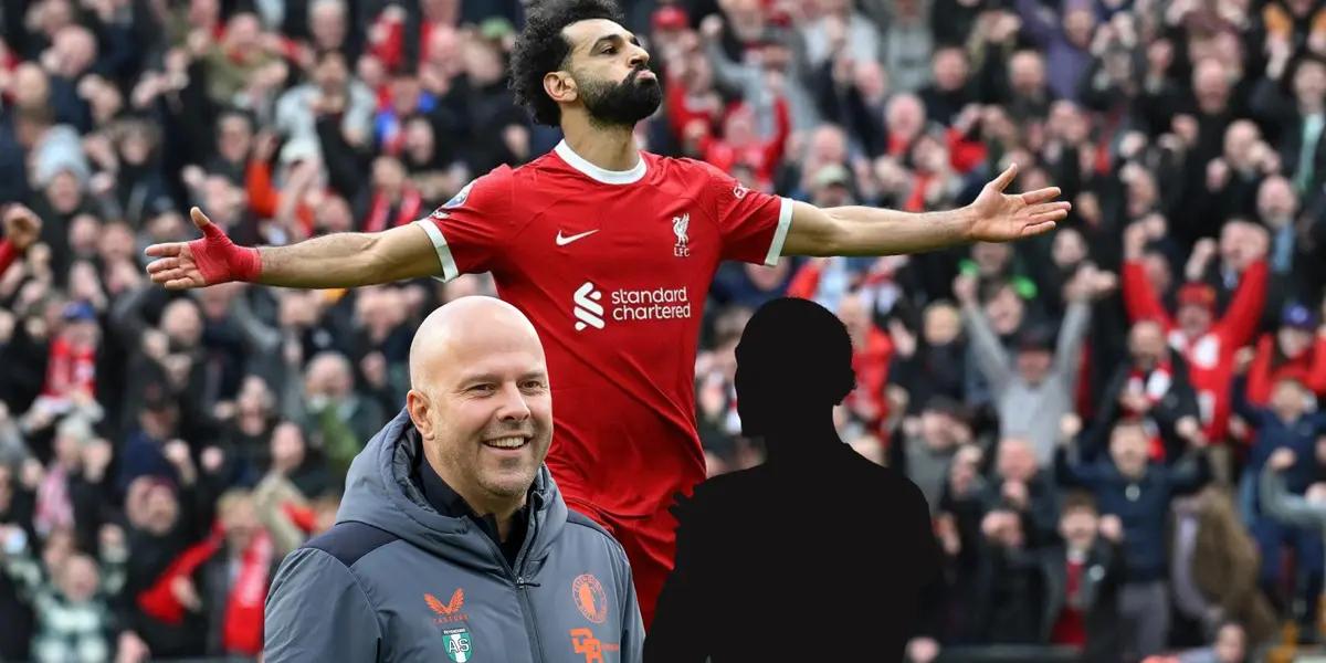 Mohamed Salah celebrates his goal for Liverpool while Arne Slot smiles as Feyenoord manager.
