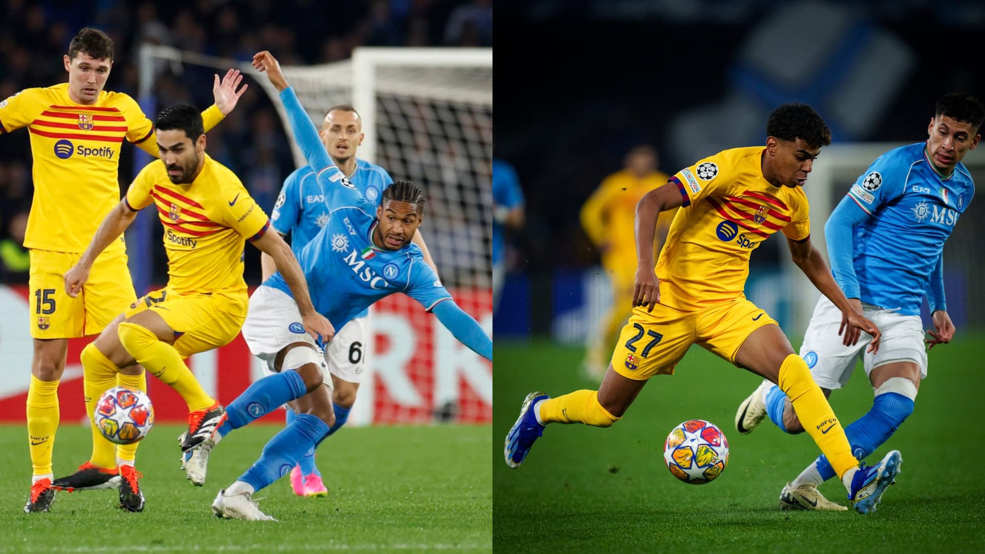 Napoli and FC Barcelona are drawing 0-0 at halftime at the Maradona stadium.