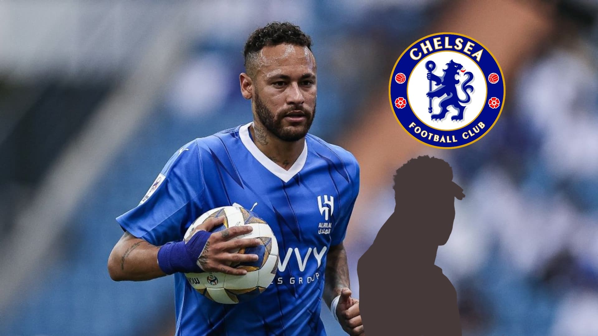 Neymar holds the ball while wearing the Al Hilal jersey; the mystery player is below the Chelsea badge. (Source: Al Hilal, Getty Image)