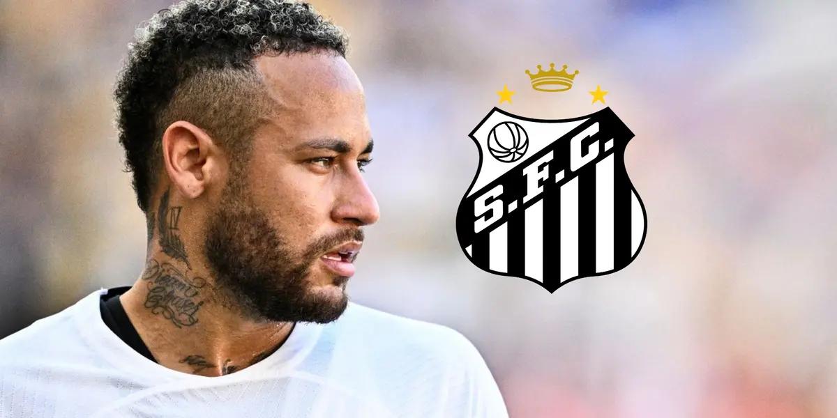Neymar Jr. looks to his right while wearing a white jersey and the Santos FC logo is next to him.