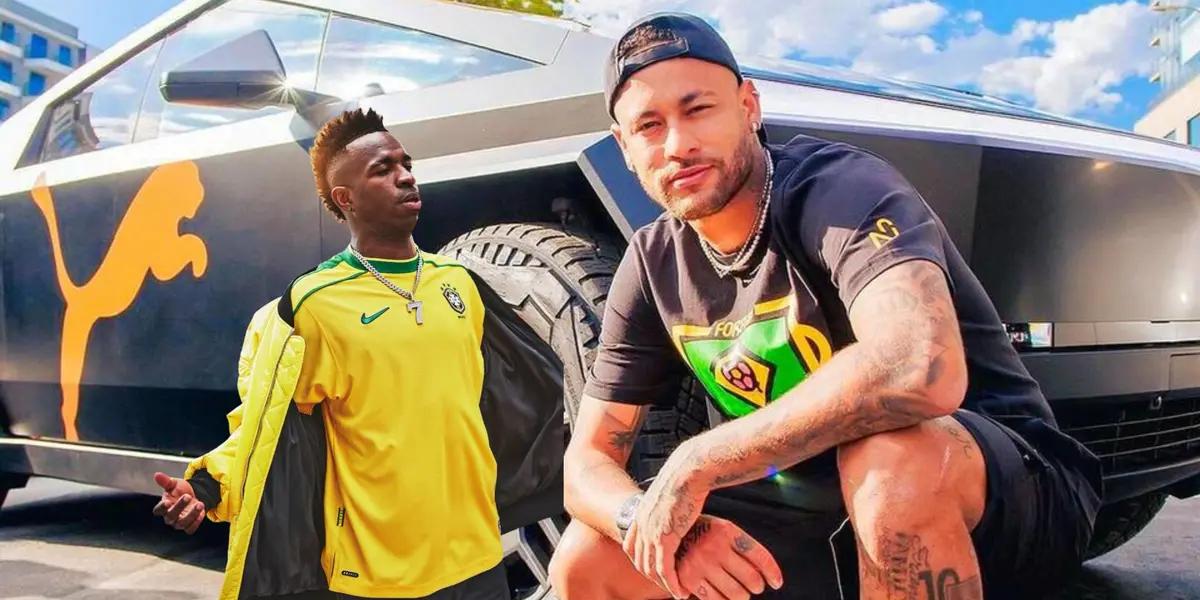 Neymar Jr. poses in front of a Puma Tesla Cybertruck and Vinicius shows off the Brazil retro jersey. (Source: Neymar Jr. X, Madrid Zone X)