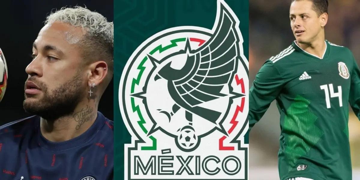 Neymar Jr., the Mexican national team badge and Javier Hernández.