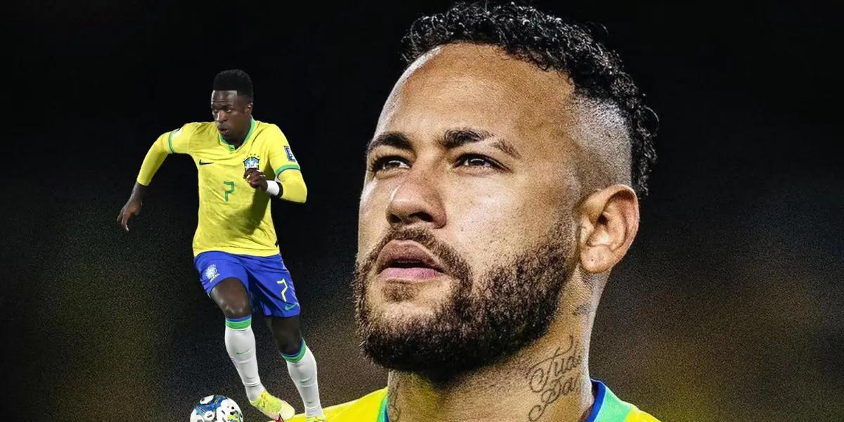 Neymar looks up while Vinicius Jr. dribbles with the ball as he wears the Brazil jersey. (Source: Getty Images, X)