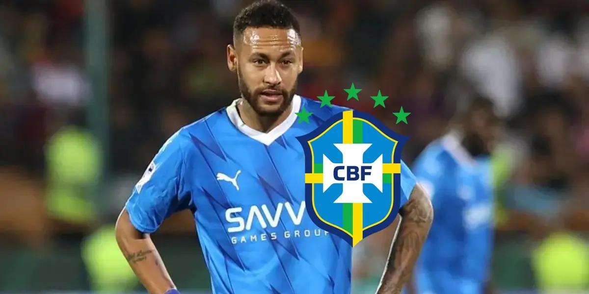 Neymar puts his hand on his hips wearing an Al Hilal jersey and the Brazilian national team badge is next to him.