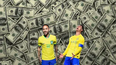 Neymar smiles as his poses with the Brazil national team kit.