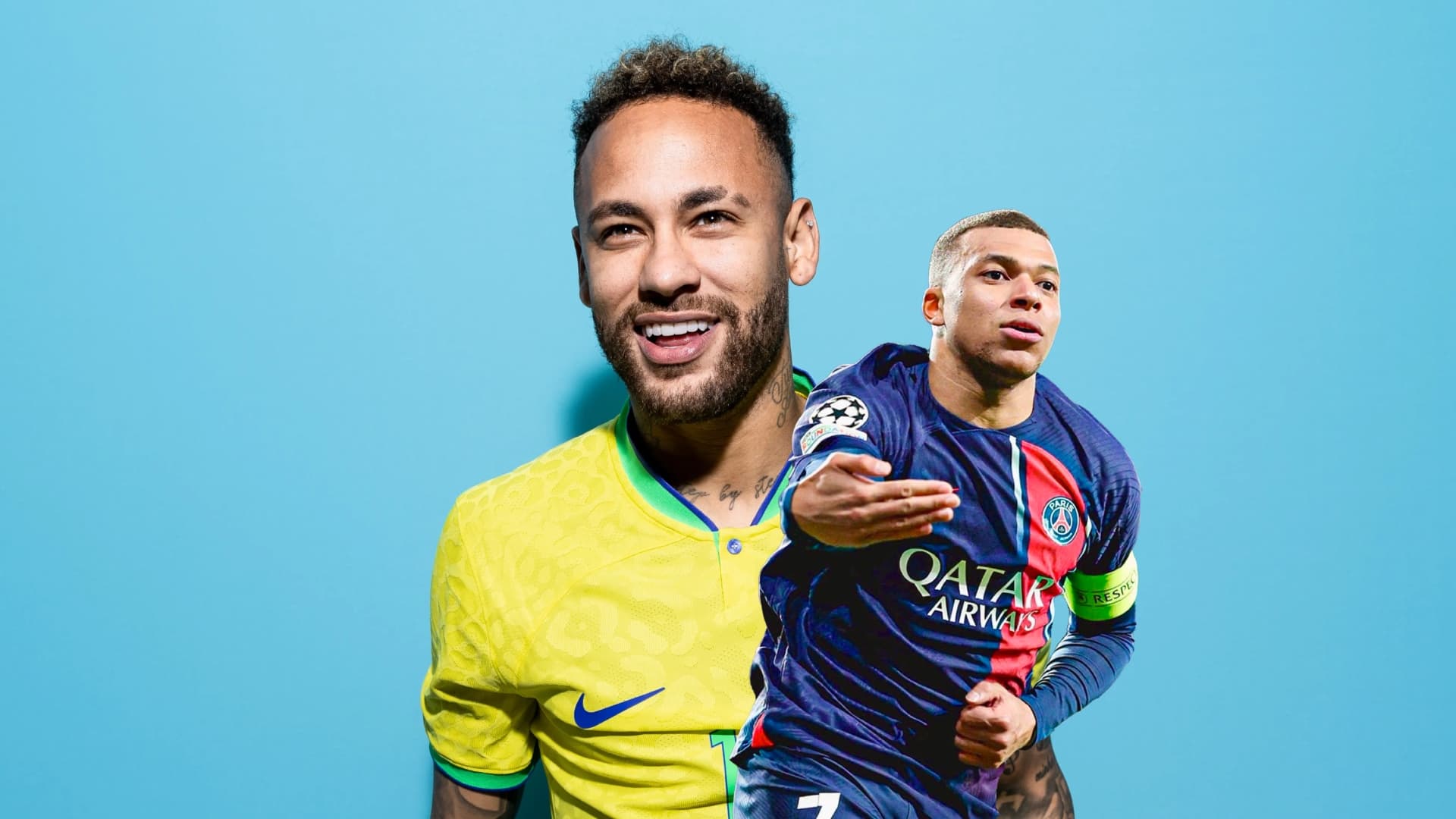 Neymar smiles while wearing a Brazil jersey and Kylian Mbappé celebrates his goal with PSG.