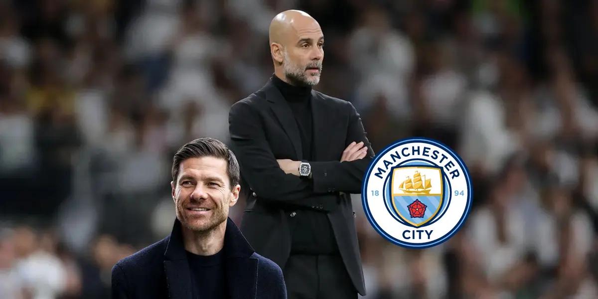 Pep Guardiola crosses his hands together and Xabi Alonso smiles while wearing black; the Manchester City bade is near them.