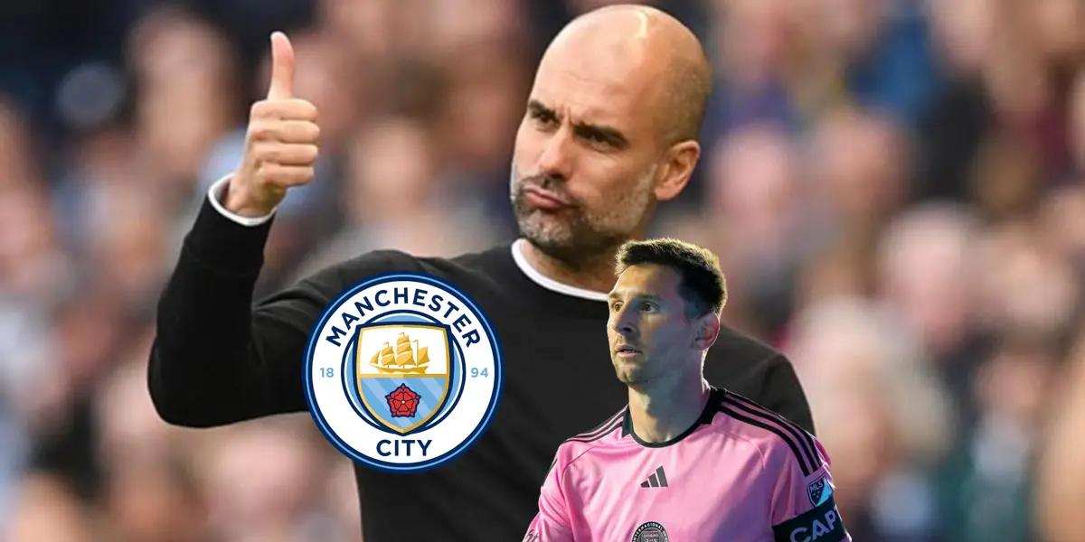 Pep Guardiola gives a thumbs up while Lionel Messi looks to the side; the Manchester City badge is near them.