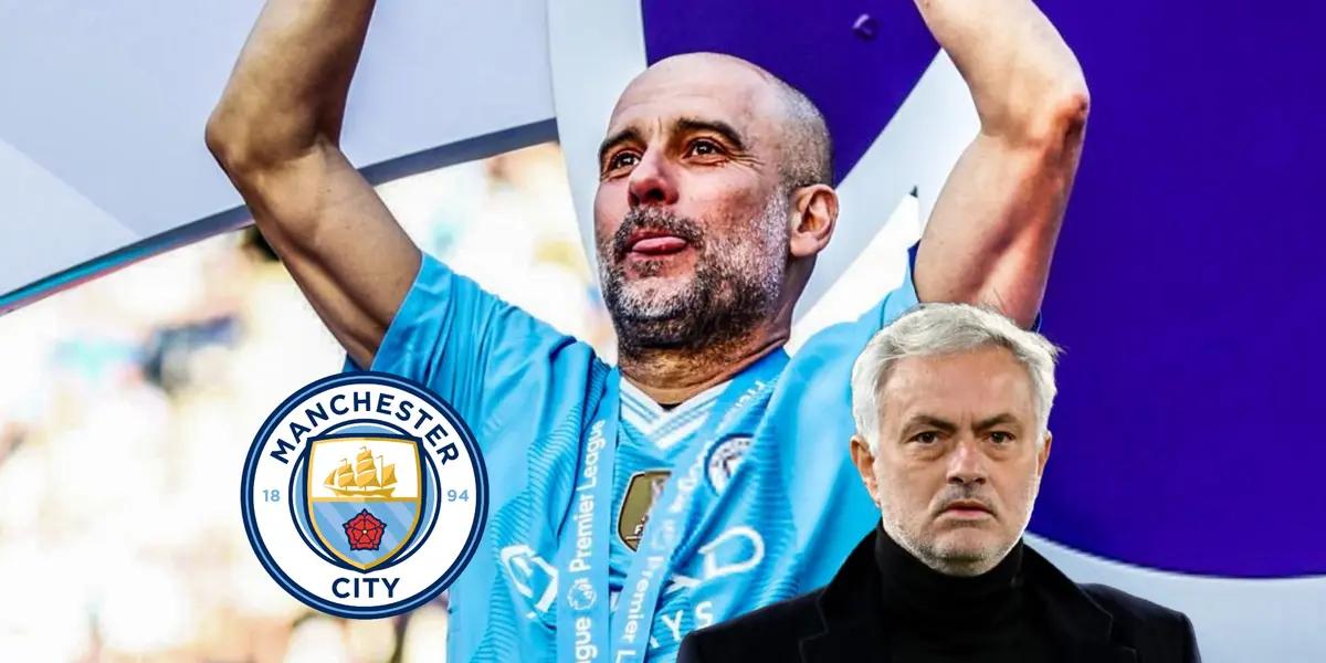Pep Guardiola looks happy while wearing the Manchester City jersey and Jose Mourinho looks serious; the Manchester City badge is next to them.