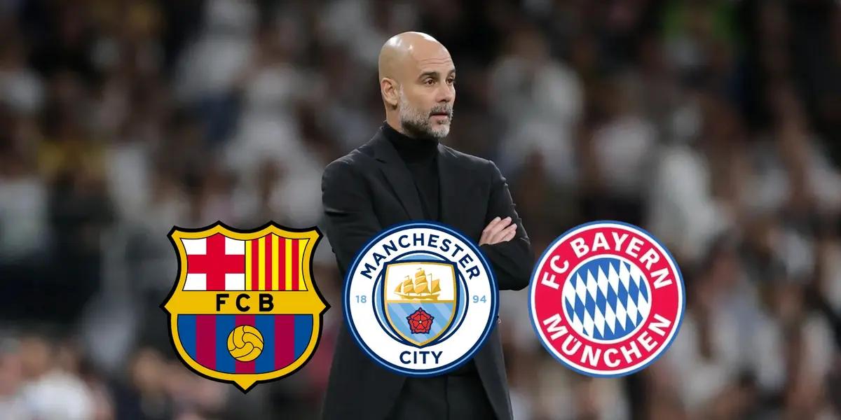 Pep Guardiola looks on to his team from the sidelines.