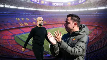 Pep Guardiola serious while Xavi Hernandez claps as FC Barcelona coach.