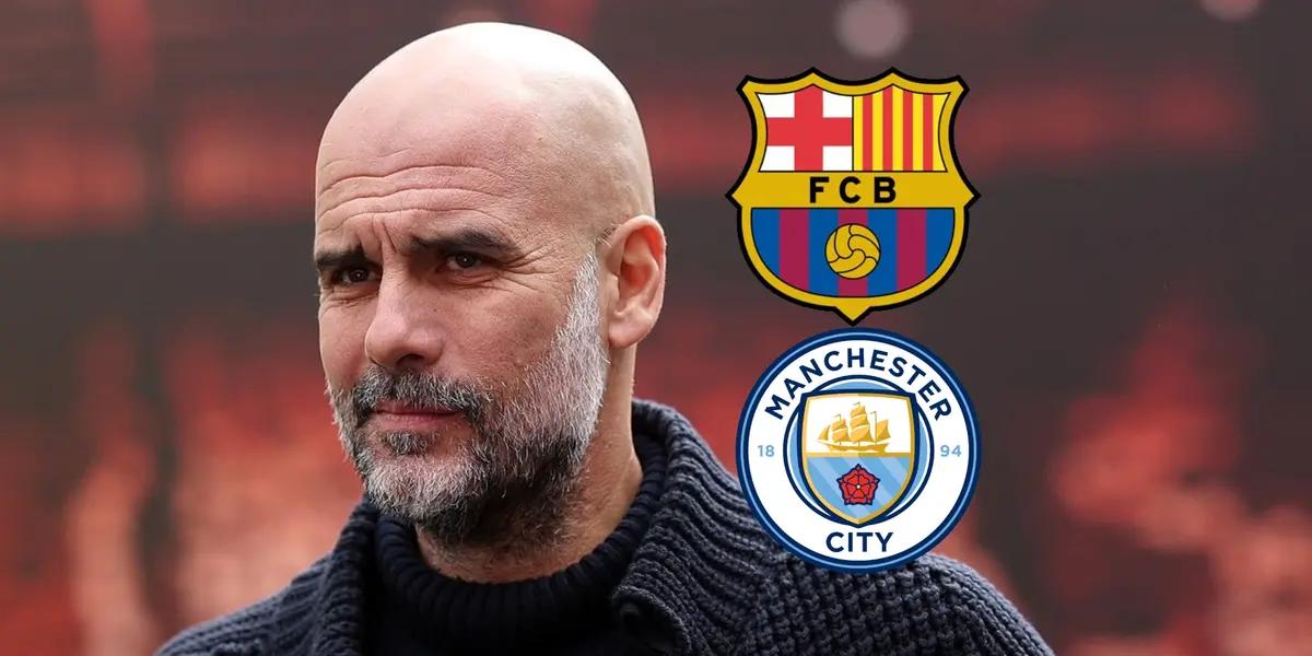 Pep Guardiola slightly grins while the FC Barcelona and Manchester City badges are next to him.
