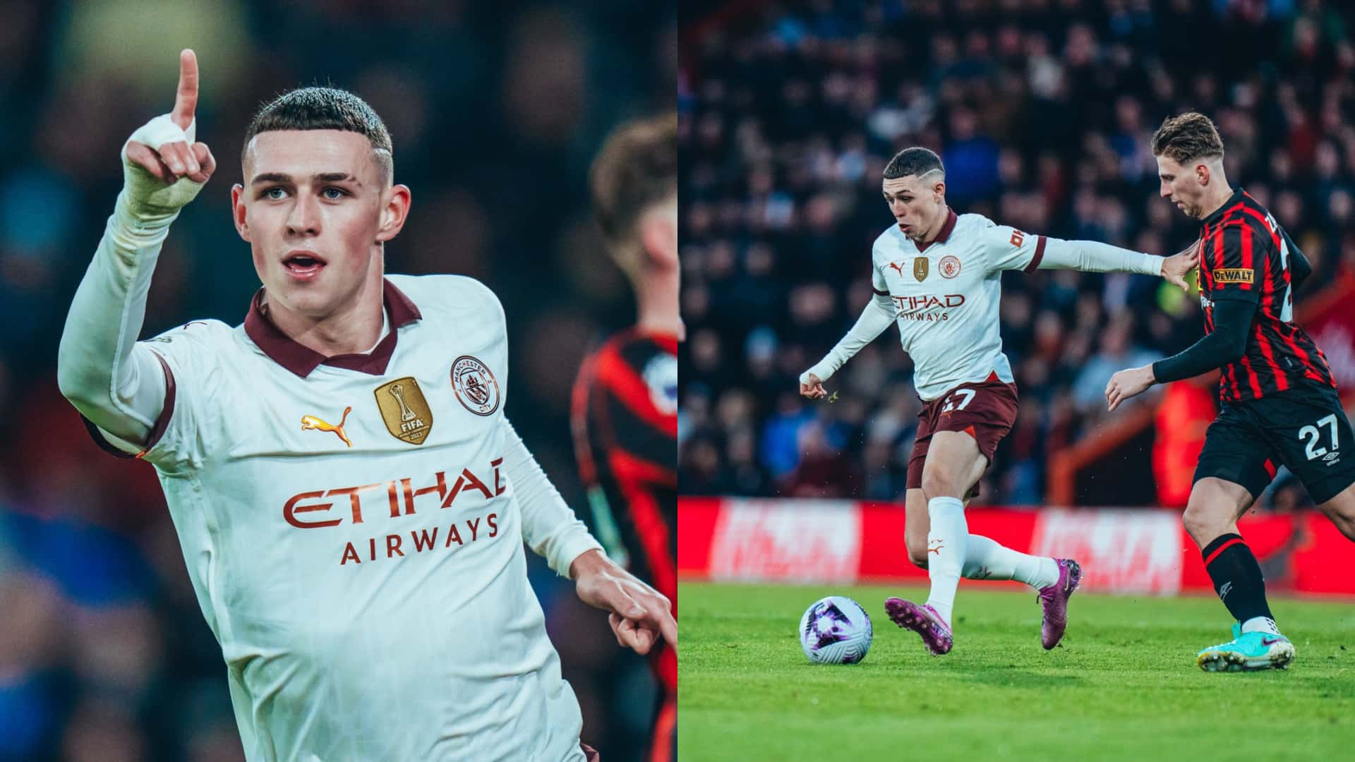 Phil Foden scores the opener for Manchester City against Bournemouth.