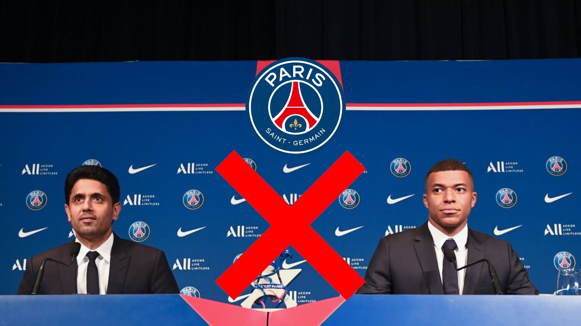 PSG Chairman Nasser Al-Kehlaifi is talking to Kylian Mbappé who smiles.