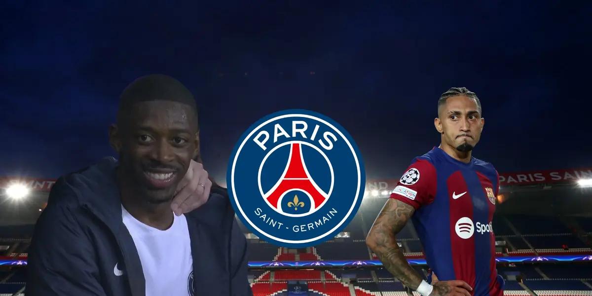 PSG's Ousmane Dembele smiles as his team beats FC Barcelona while Raphinha is upset.