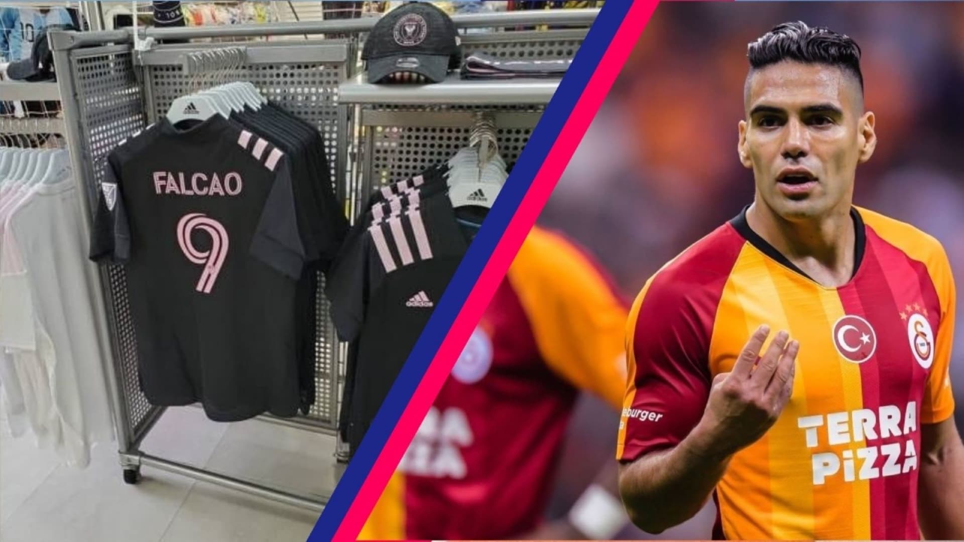 Radamel Falcao with the Galatasaray jersey and the Inter Miami jersey next to him.