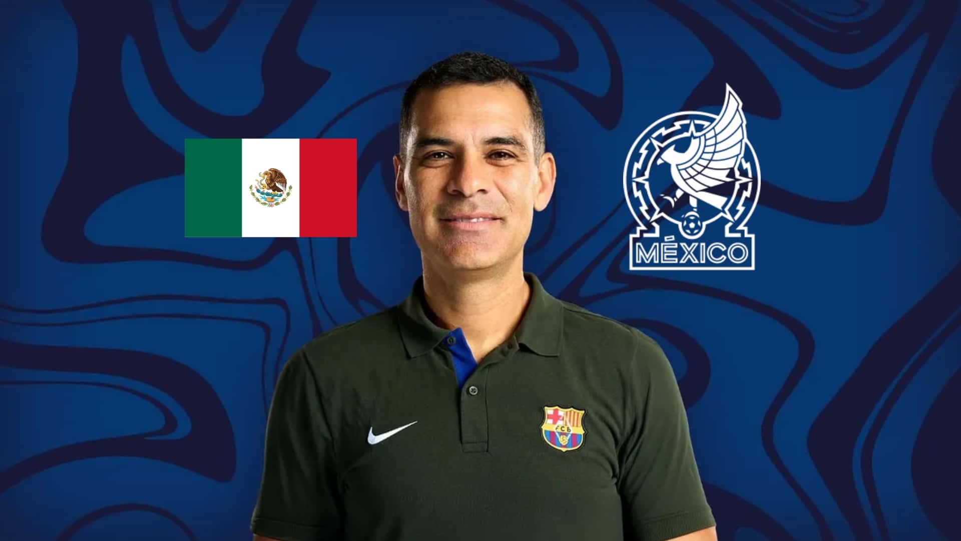 Rafael Marquez wears an FC Barcelona shirt while the Mexican flag and the Mexico national team badge is next to him. (Source: FC Barcelona)