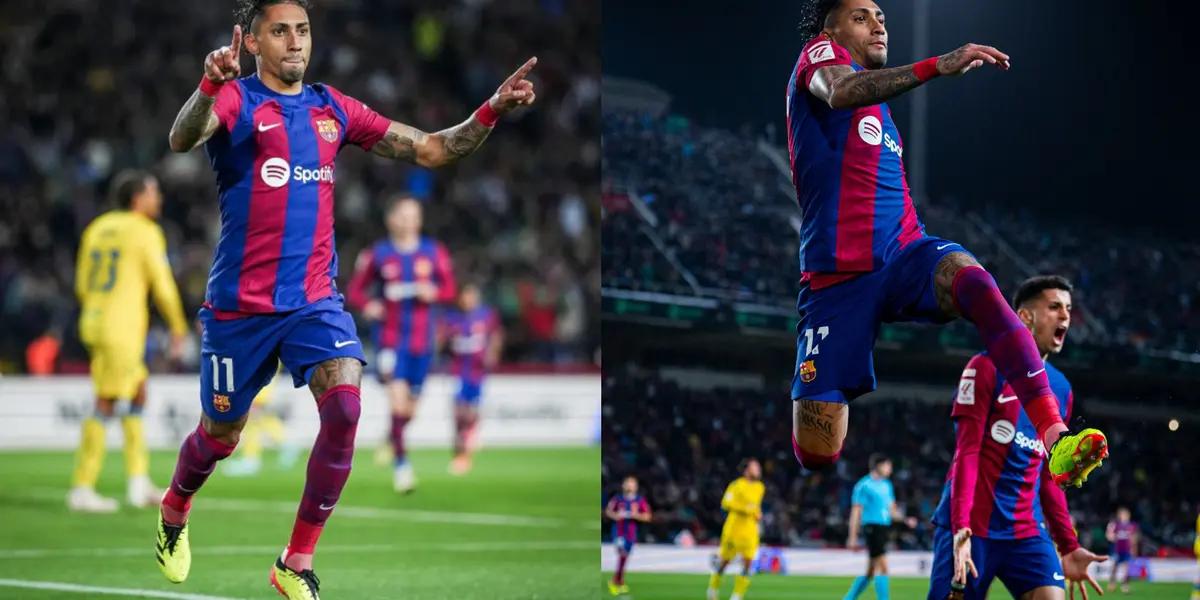 Raphinha celebrates his header that gives FC Barcelona the win.