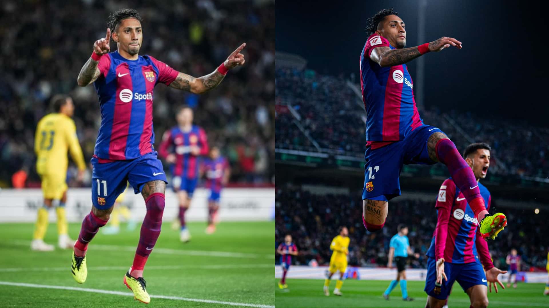 Raphinha celebrates his header that gives FC Barcelona the win.
