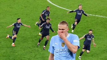 Real Madrid celebrates the win against Man City while Erling Haaland is shocked.