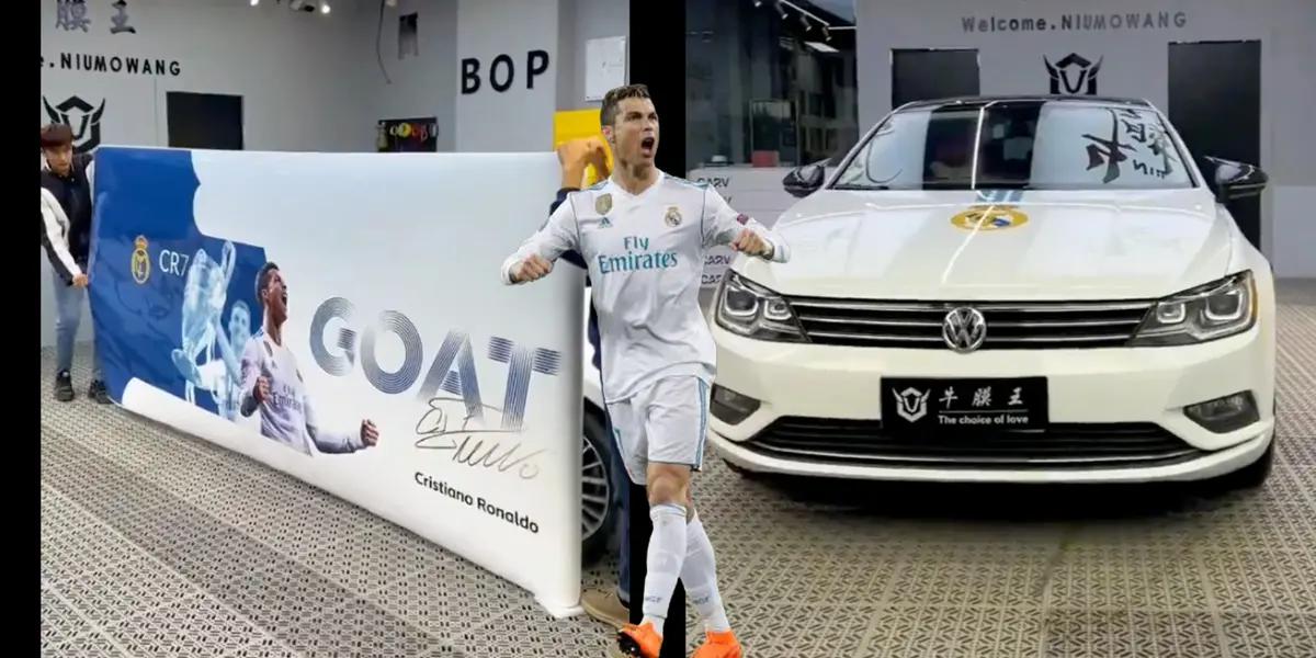 Real Madrid fans wrapping a car in honor of Cristiano Ronaldo.