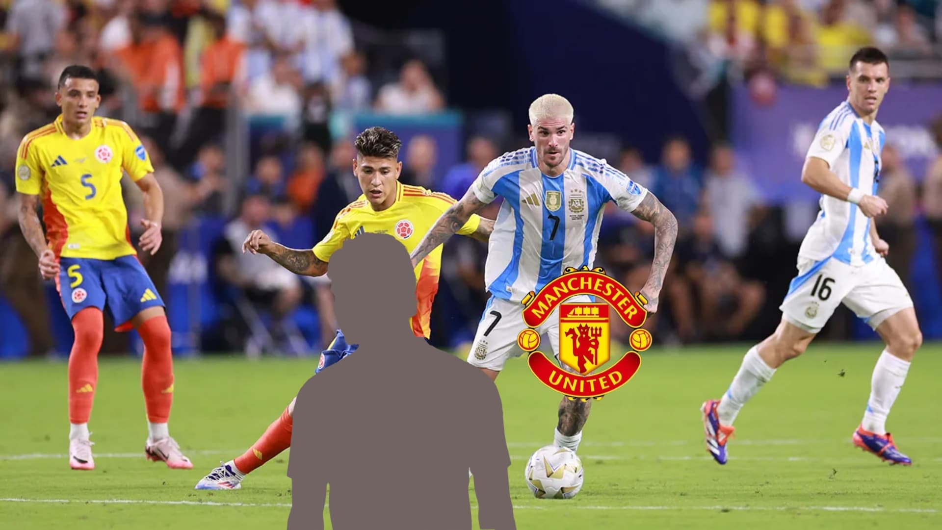 Rodrigo De Paul plays with the ball in the Copa America Final against Colombia while a mystery player is next to the Manchester United badge. (Source: 2024 Getty Images)