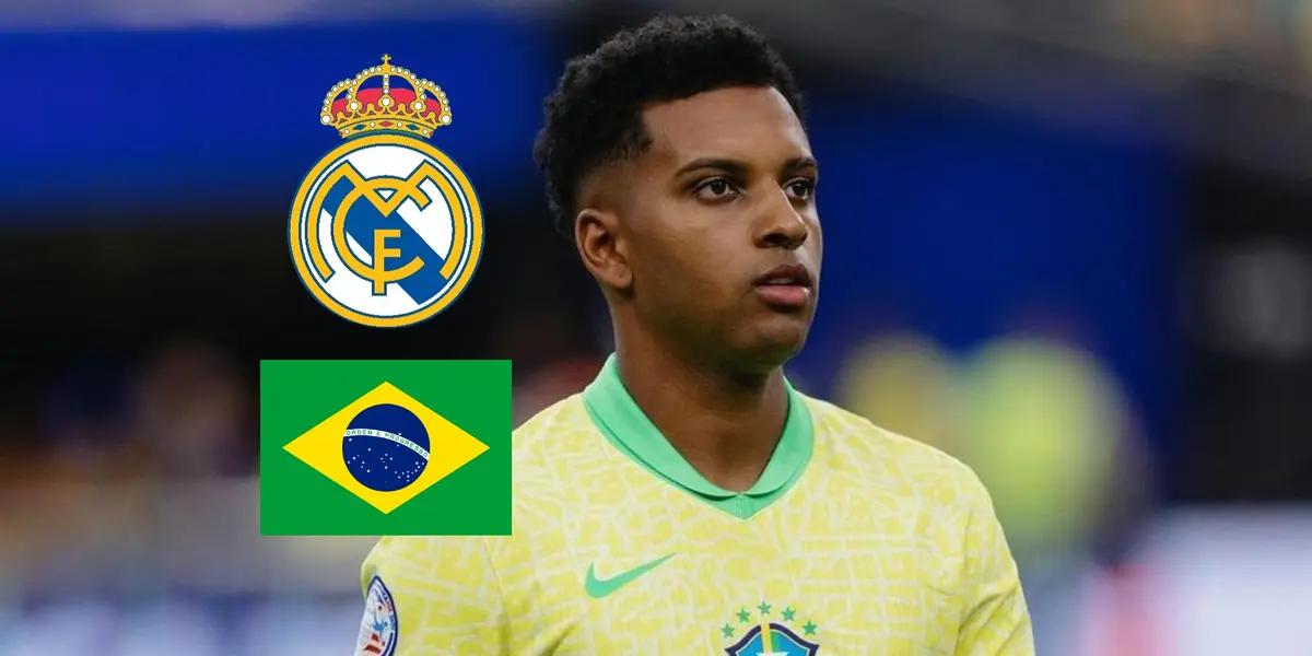 Rodrygo looks up while he wears the Brazil jersey as the Real Madrid badge and the Brazil flag is next to him. (Source: Ginga Bonito X)