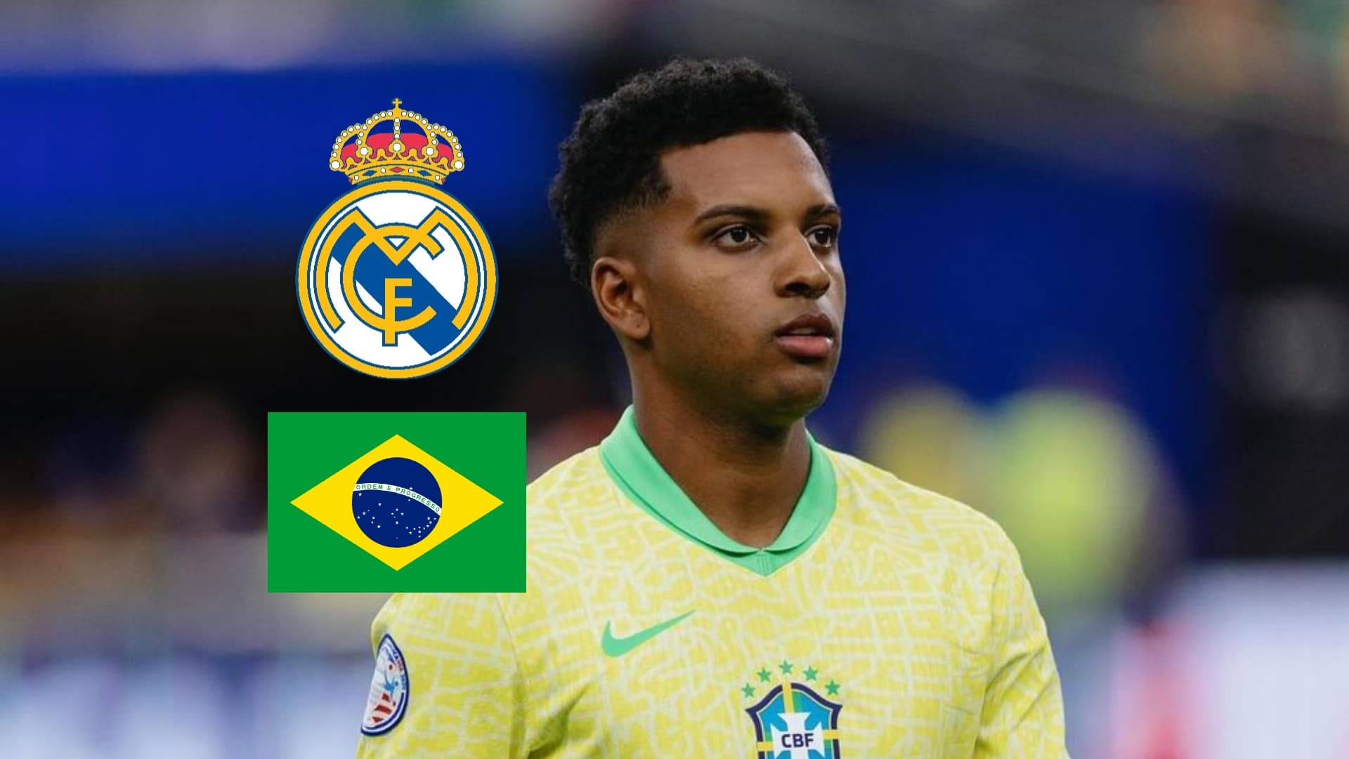 Rodrygo looks up while he wears the Brazil jersey as the Real Madrid badge and the Brazil flag is next to him. (Source: Ginga Bonito X)